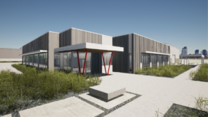 A photo rendering of a warehouse facility architectural design.