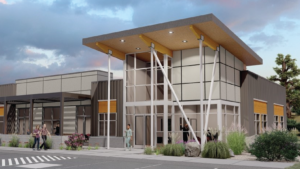 An architectural rendering of a financial building.