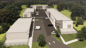An image of a rendering of an industrial park.